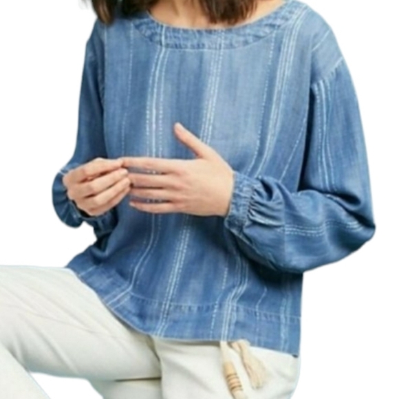 Cloth & Stone Chambray Stripe Zip‎ Back Blouse S Blue White Top Shirt Anthro - Picture 2 of 9